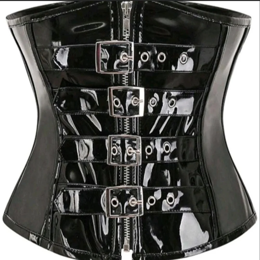 Black Patent Underbust Corset with Front Buckles - Picture 2 of 8